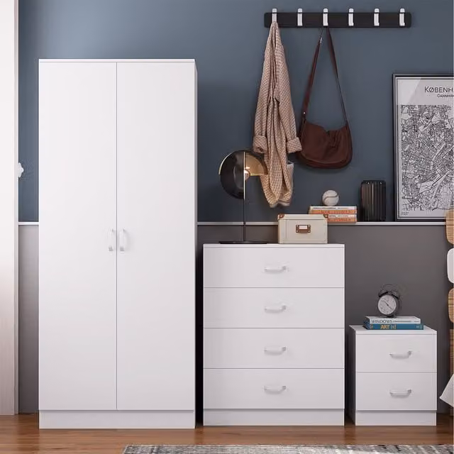 FWStyle Modern 2 Door Double Wardrobe with Curved Metal Handles in White