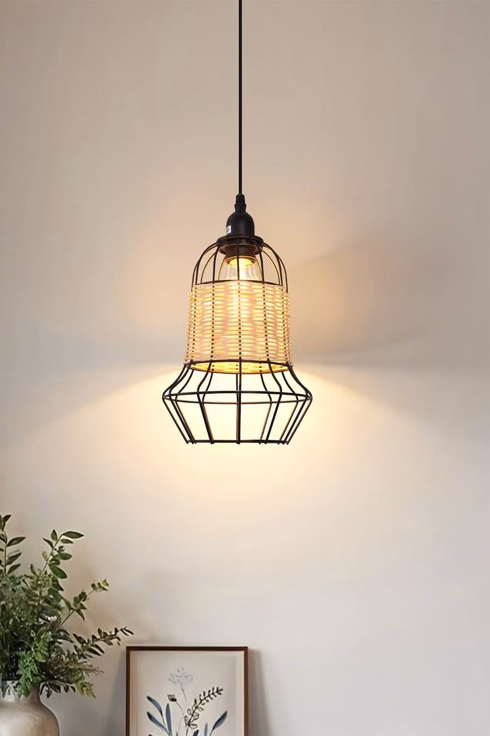 Living and Home Rattan and Iron Bar Pendant Light in Black and Natural Beige – 3