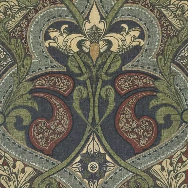 HOUSE Llewelyn-Bowen Gwendoline Printed Damask Fabric in Wildnavy, Green, Red, Blue and Multicolour