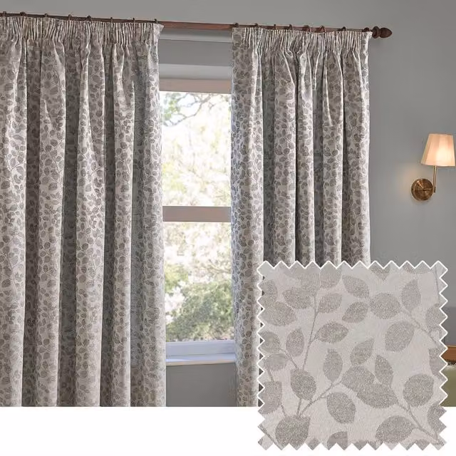 Wylder Grace Leaf Jacquard Pencil Pleat Curtain Pair in Grey, Width: 229 cm, Drop: 183 cm