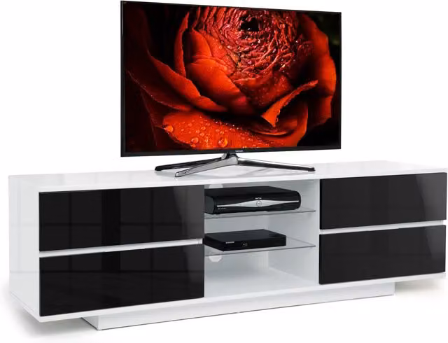 AVITUS Modern Glossy TV Cabinet for up to 65 inch TVs in White and Black with Glass Details, W/D/H: 158 x 40 x 48 cm