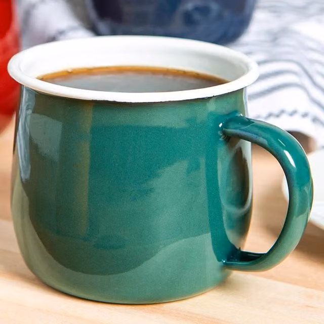 Argon Tableware Pack of 12 Green and White Enamel Belly Mugs, 375ml