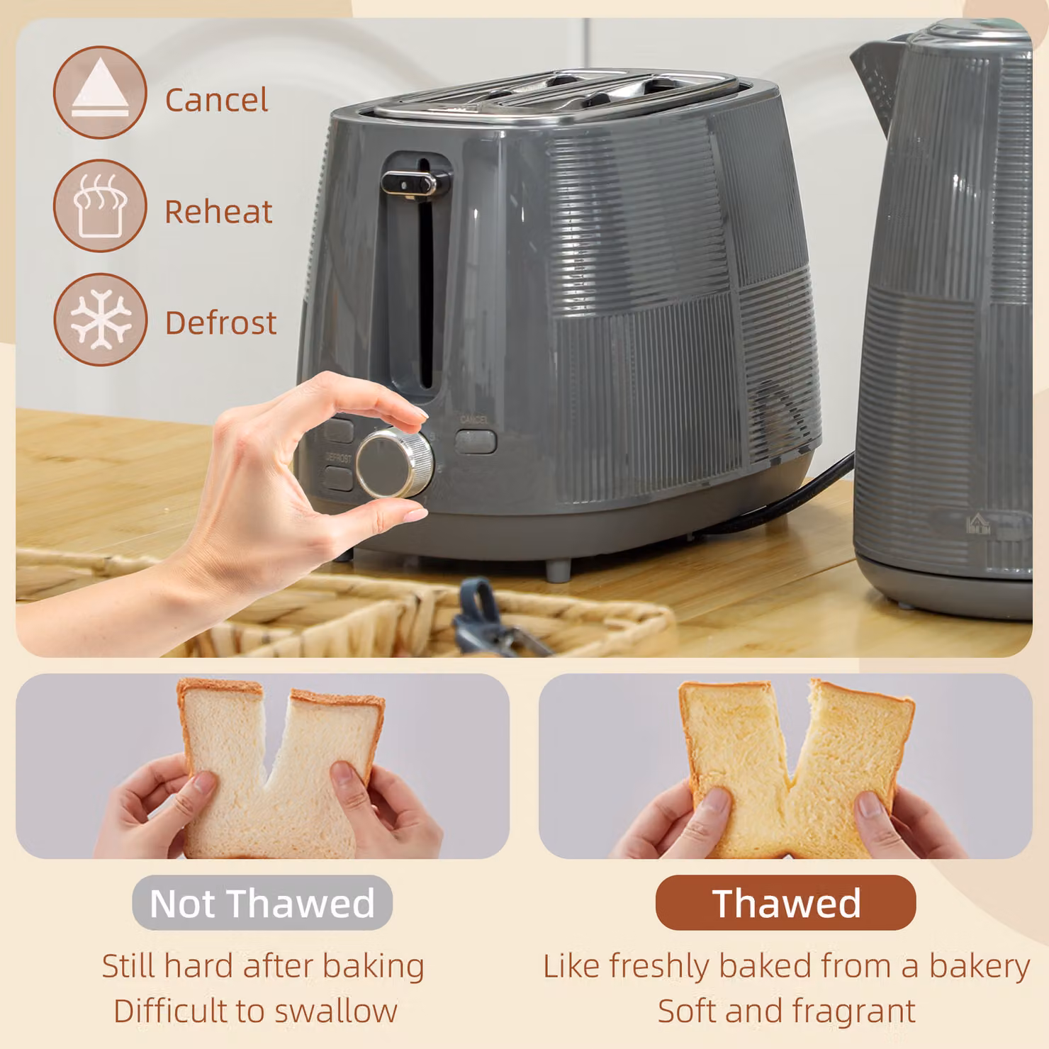 HOMCOM Kettle and Toaster Set in Grey, featuring a 1.7L 3000W Fast Boil Kettle and a 2-Slice Toaster with Defrost and Reheat functions – 4
