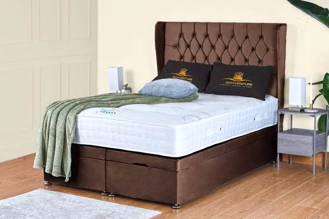 UK Bed Furniture Bronte End Lift Divan Ottoman Storage Bed with 54 Inch Headboard in Brown, W/D: 120 x 200 cm – 1