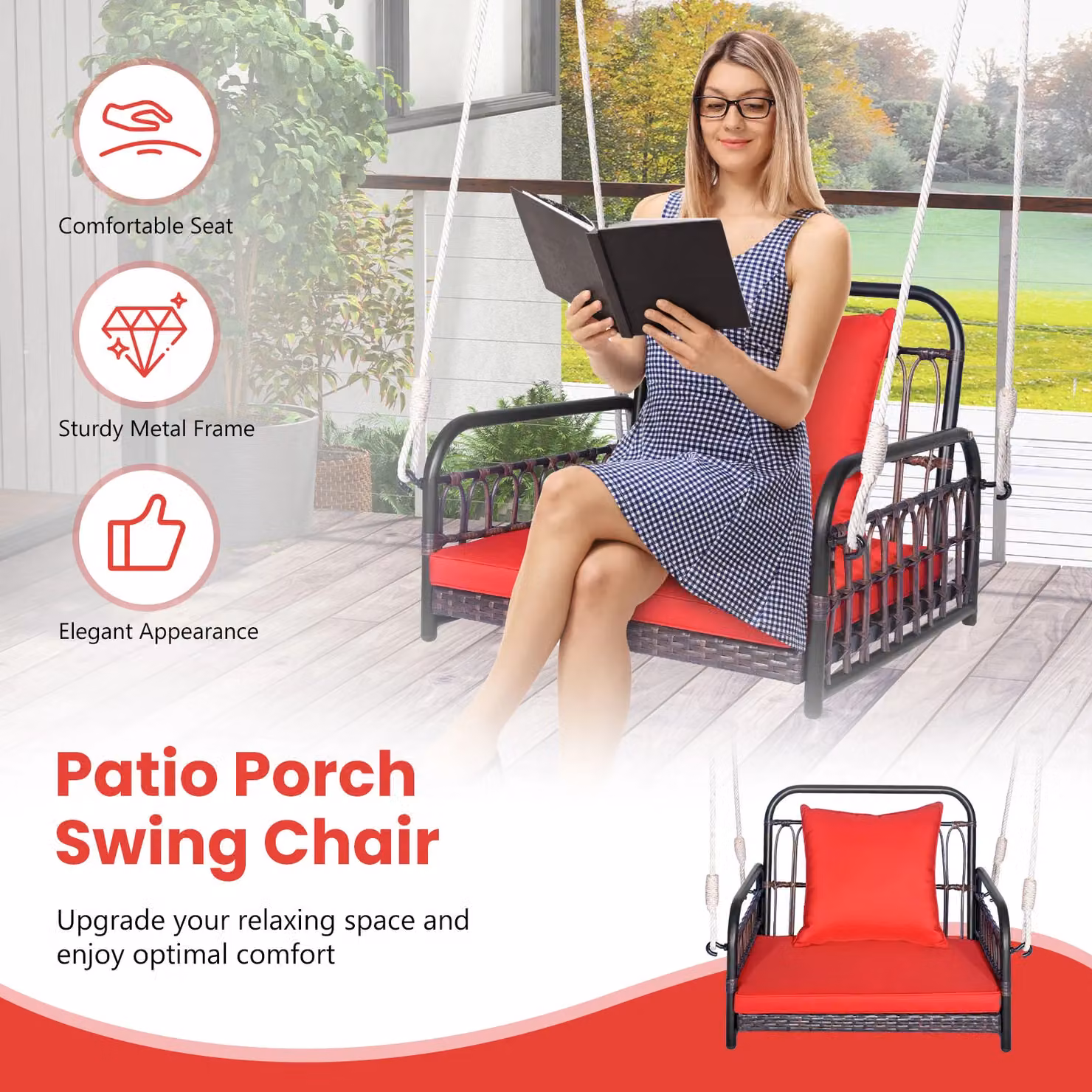 Costway Red Rattan Woven Hanging Porch Swing Rocking Chair with Cushion and Rope – 4