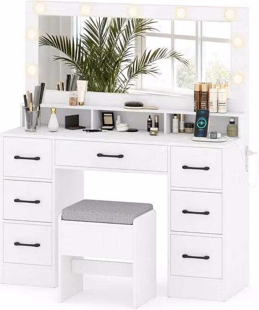Costway Modern White Vanity Desk with Hollywood LED Mirror and 7 Drawers – 1