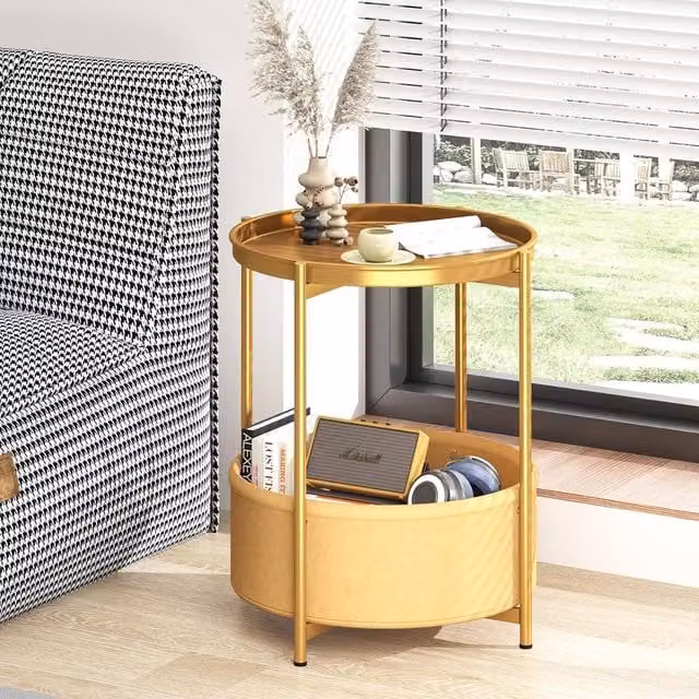 Huhote Round 2-Tier Side Table with Fabric Basket in Gold