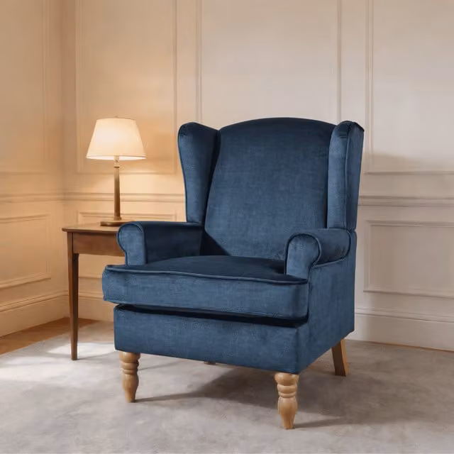 Home Source Helena Traditional High Back Wing Back Accent Armchair in Dark Blue Fabric with Rubberwood Frame