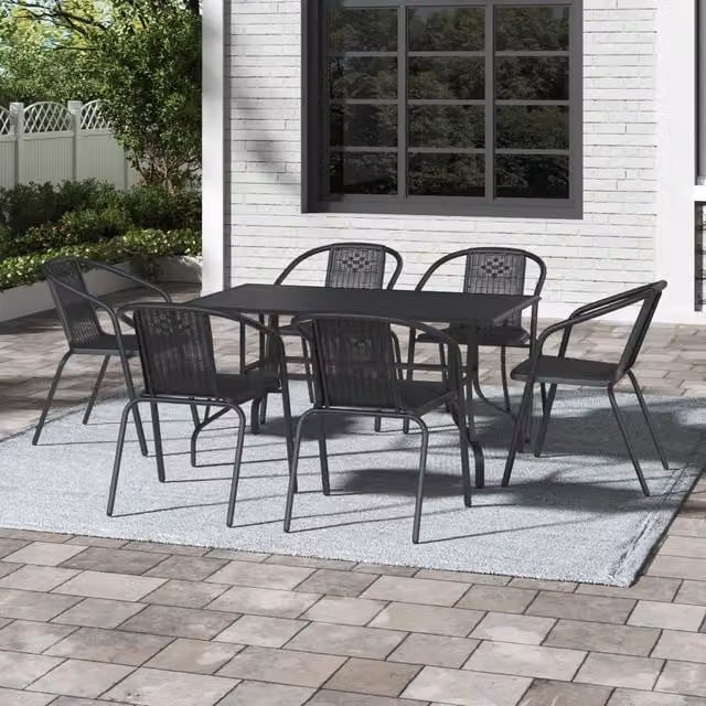 Breeins Matt Black Metal Slatted Outdoor Garden Table and Six Chairs Set