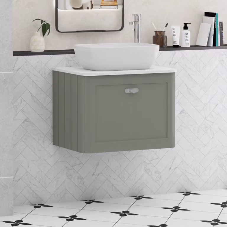 Royal Bathrooms Henley Wall Hung Vanity Unit in Sage Green with Plain White Worktop and One Drawer