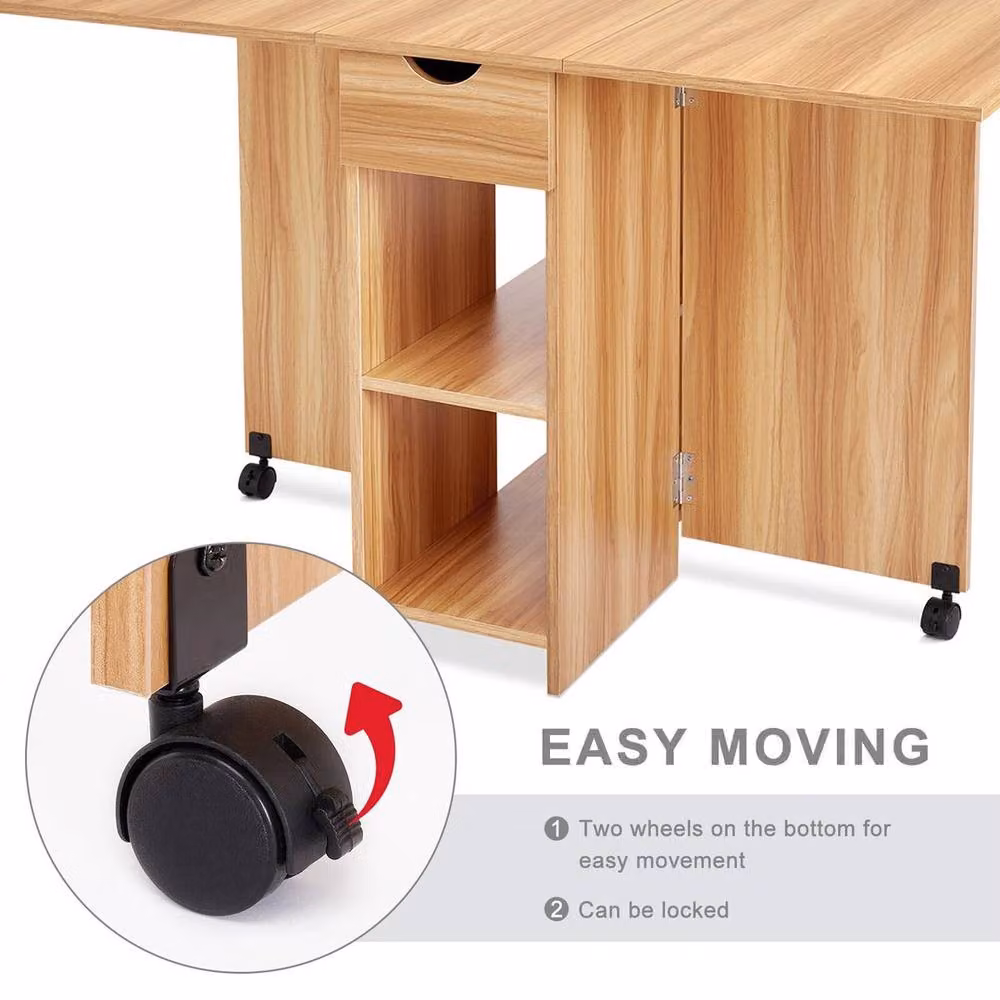 KORVIXA Red Oak Folding Drop Leaf Dining Table with Castors, Brown, W: 100 cm, D: 72 cm, H: 75 cm – 3