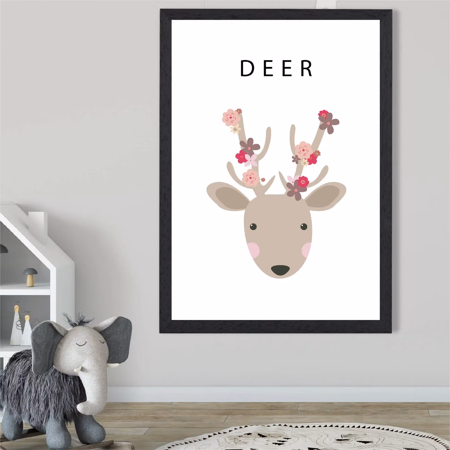 ARTZE Pink Floral Deer Framed Paper Poster Illustration in Black Frame – 2