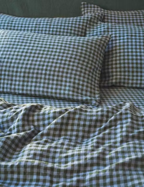 Piglet In Bed Blue Mix Gingham Linen Rich Pillowcase Set