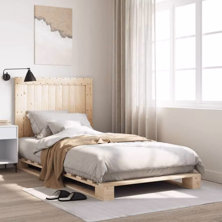 Berkfield Home Solid Wood Bed Frame with Headboard in Light Oak, W/D/H: 100 x 200 cm