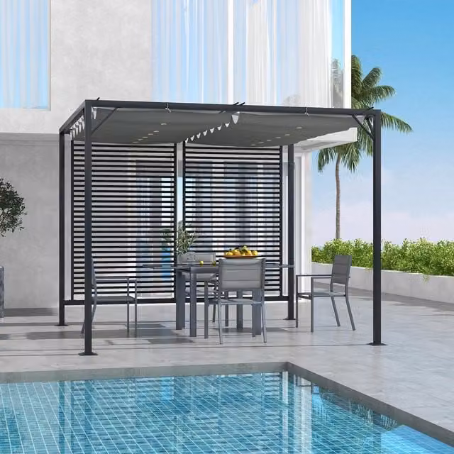 Outsunny Metal Pergola Gazebo in Grey with Polyester Cloth, W: 3.0 m x D: 2.8 m x H: 2.8 m