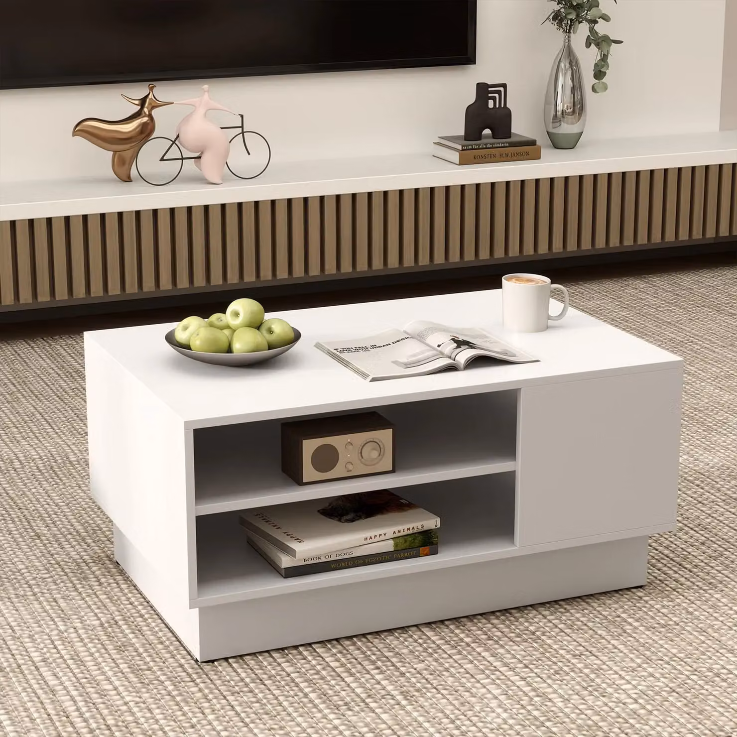 Costway Modern Rectangular Coffee Table with Storage Shelves in White – 3