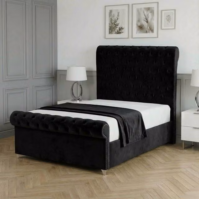 Living Comfort Bedz Regency Sleigh Ottoman Gas Lift Upholstered Velvet Bed in Black, Size: Double (140 x 200 cm) – 1