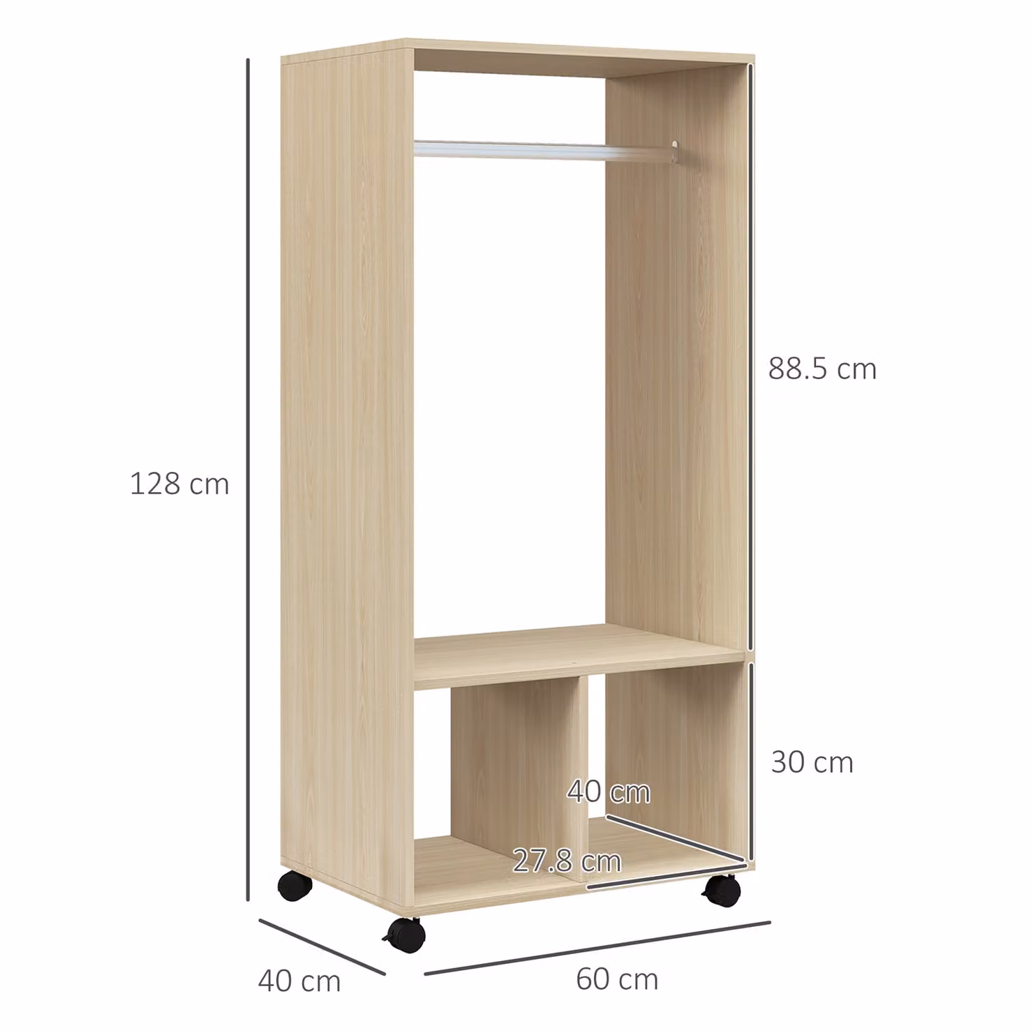 HOMCOM Open Wardrobe on Wheels with Clothes Hanging Rail and 2 Storage Shelves, Natural – 3