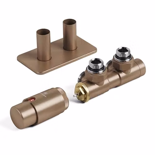 Terma Vario Twins Angled Accessory Valve Set with Thermostat Head and Pipe Masking, 50mm, Bright Copper – 1