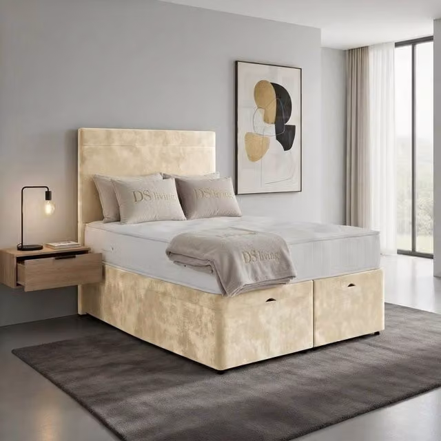 DS Living Muse Cream Velvet Upholstered Divan Bed with Drawers, W/D/H: 180 x 200 cm