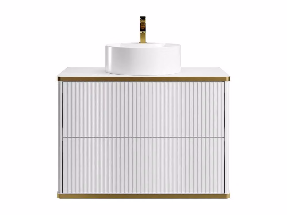 Vente-unique Ribbed Suspended Bathroom Cabinet with Golden Trim and Round Ceramic Basin in White and Gold, W/D/H: 80 x 47 x 54 cm – 2