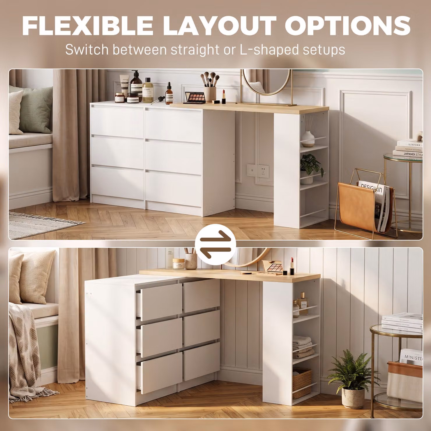 HOMCOM White Drop Leaf Vanity Table with 6 Drawers and 3-Tier Shelf, W/D/H: 130 x 40 x 80 cm – 2