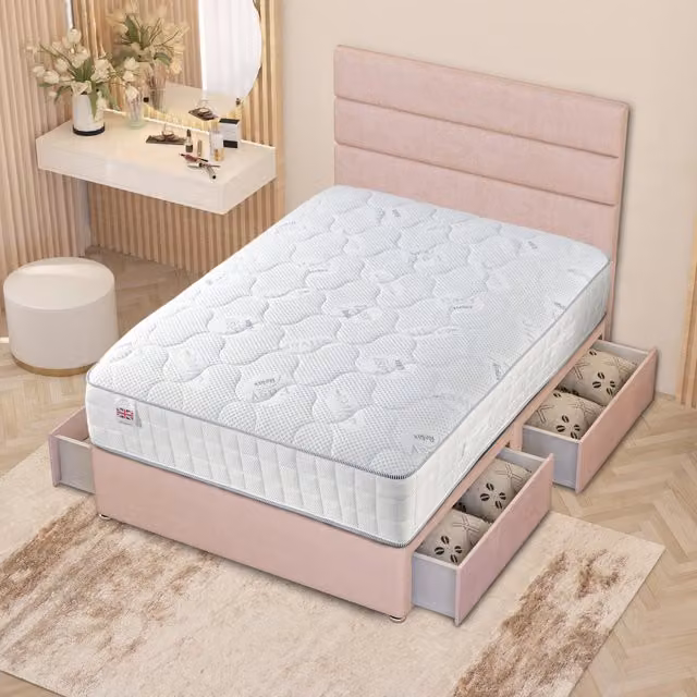 Somnior Beds Ltd Pink Velvet Upholstered Divan Bed Set with Headboard and Drawers W/D: 120 x 200 cm