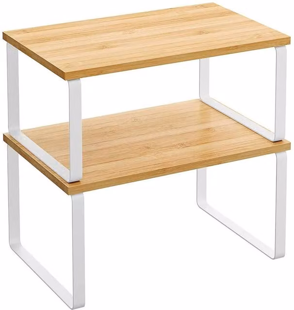SPETLEK Set of 2 Wood Cupboard Shelf Organisers in White and Natural – 1