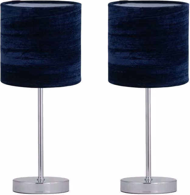First Choice Lighting Set of 2 Chrome Table Lamps with Blue Fabric Shades