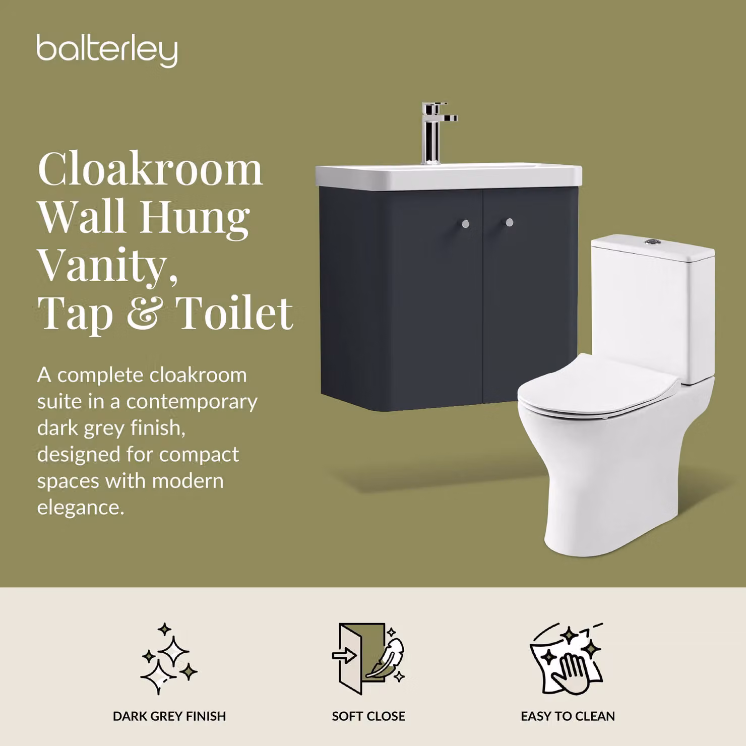 Balterley Modern Wall Mounted 2 Door Grey Bathroom Vanity Unit with Tap and Toilet Pack, W: 57.9 cm – 2