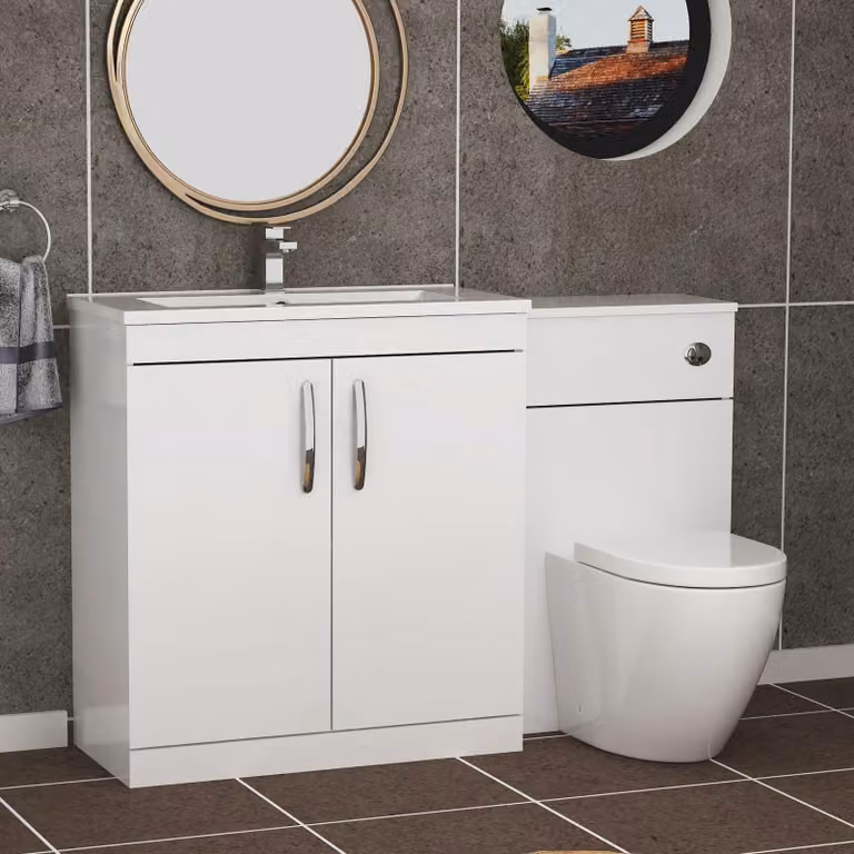 Royal Bathrooms Gloss White 2 Door Vanity Unit Pack with Minimalist Basin and Elva Back to Wall Toilet, Width: 130 cm