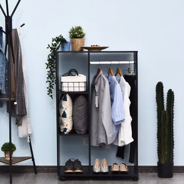 HOMCOM Minimalist Open Wardrobe with Matt Black Metal Clothes Rail
