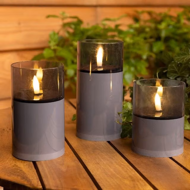 Lumineo Set of 3 Grey Solar Pillar Candle Lights with Timer and Rechargeable Battery for Garden Tabletop Use