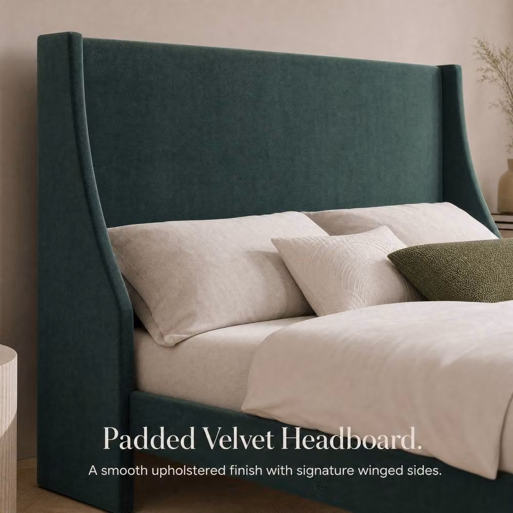 STILVORA Green Velvet Upholstered Double Bed Frame with Wingback Headboard, W/D/H: 140 x 200 x 96 cm – 5