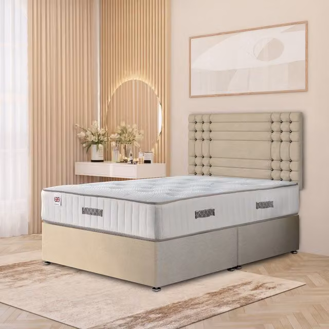 Somnior Beds Ltd Saville Tweed Fabric Divan Bed Set with 32 inch Headboard and Orthopaedic Mattress in Beige and Yellow, W/D/H: 120 x 200 cm