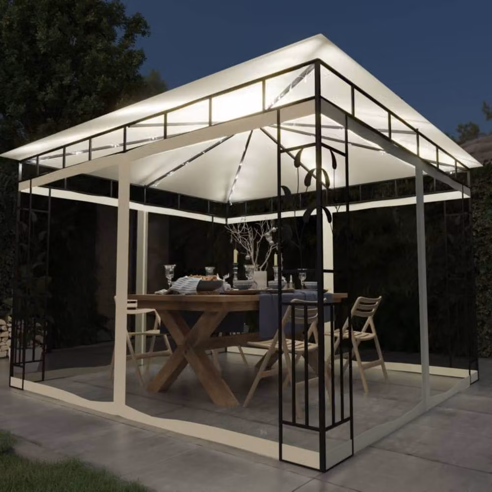 Berkfield Home Gazebo with Mosquito Net and LED String Lights, Beige, W/D/H: 300 x 300 x 273 cm – 2