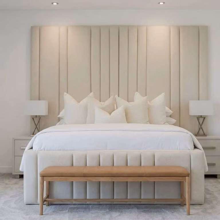 Bedsnk Luxe Panel Bed in Beige Upholstered Fabric