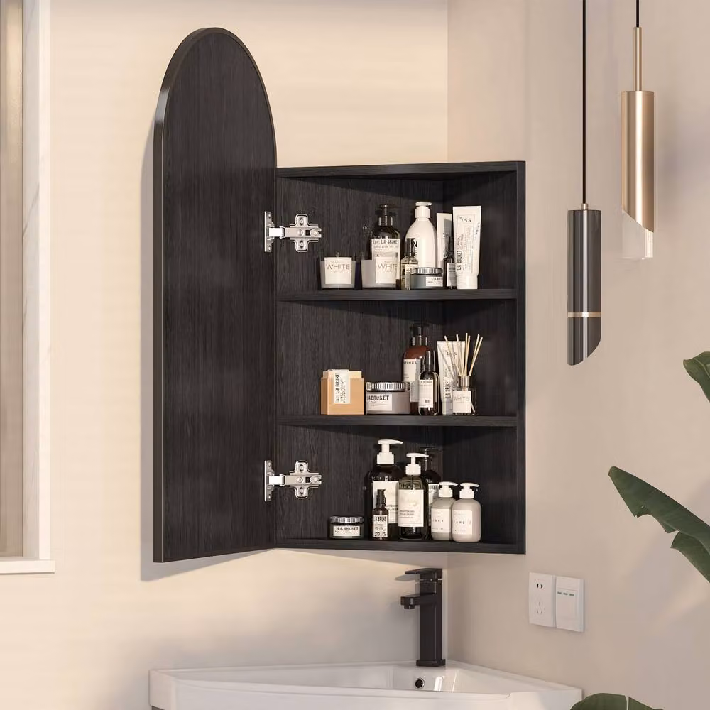 KEEPREAPER Black Arched Corner Bathroom Mirror Cabinet with Hinged Glass Doors, W: 40 cm, H: 80 cm – 6