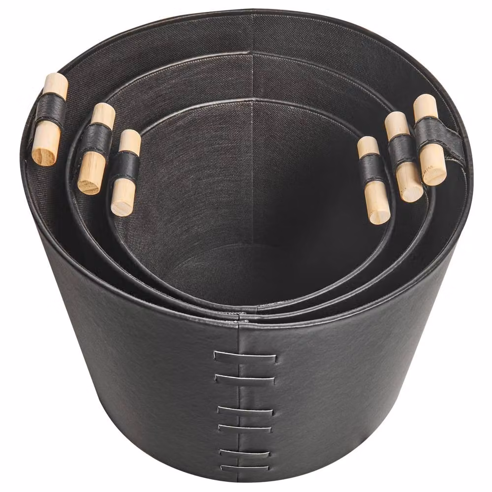 Wyld and Coco Set of 3 Black Faux Leather Storage Baskets with Handles – 5