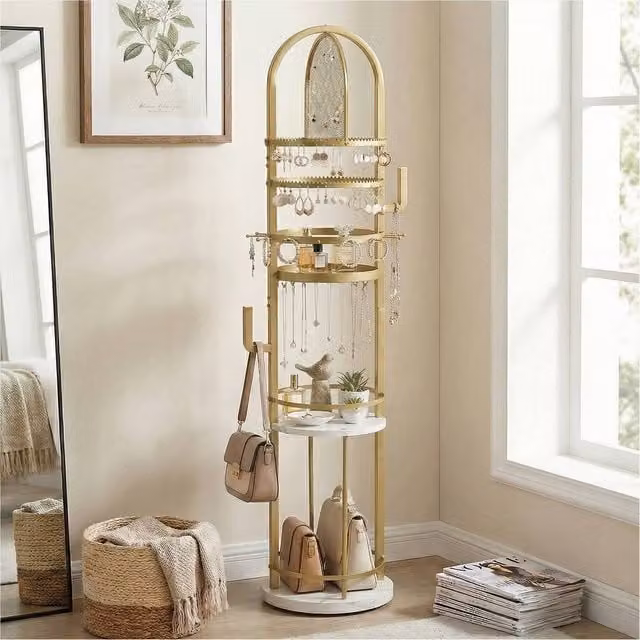 Costway Rotating Jewelry Organizer Stand with Earring Holder in Gold – 1