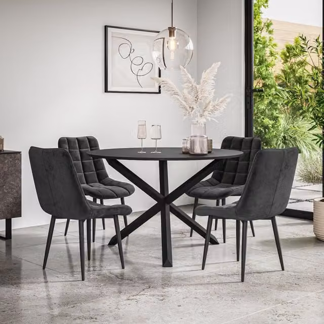 More4Homes Malvern Round Dining Table and Set of 4 Nova Velvet Dining Chairs, Black Table Top with Solid Oak Black Legs, Diameter: 120 cm, Height: 75 cm – 1