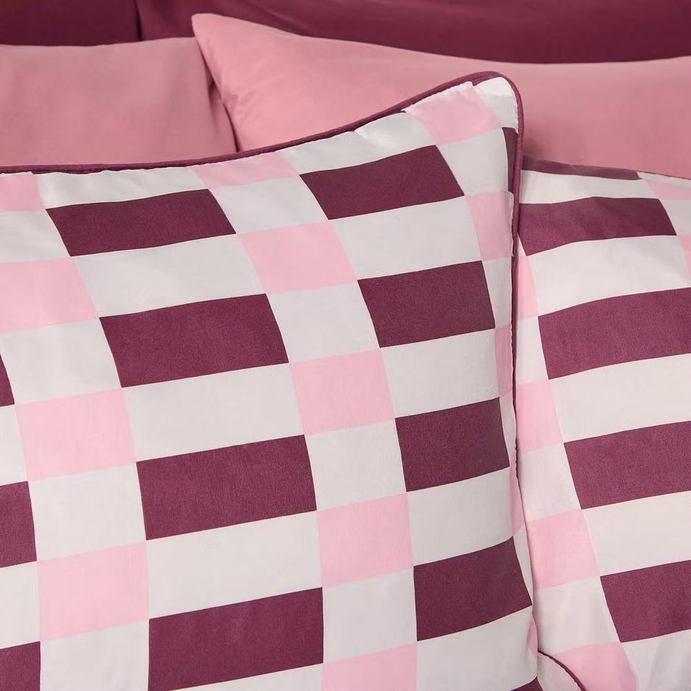 OHS Checkerboard Microfibre Double Duvet Cover and Pillowcase Set in Pink and Red, W/D/H: 200 x 200 cm – 8