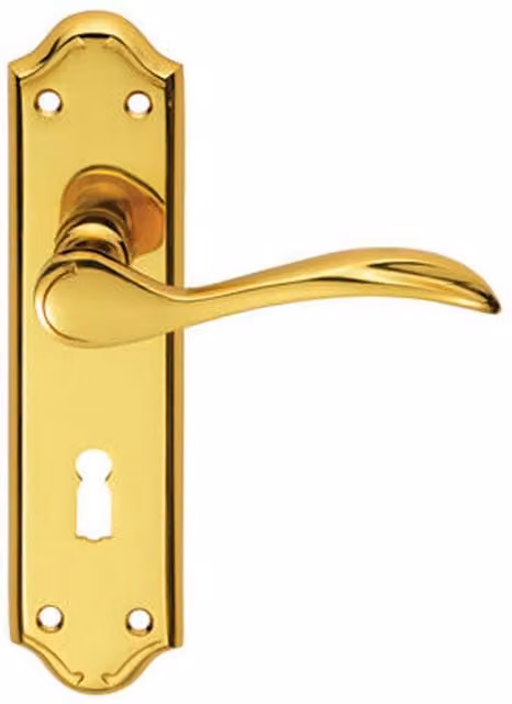 Loops Pair of Curved Door Handle Levers with Lock Backplate in Polished Brass, W/D/H: 180 x 45 mm