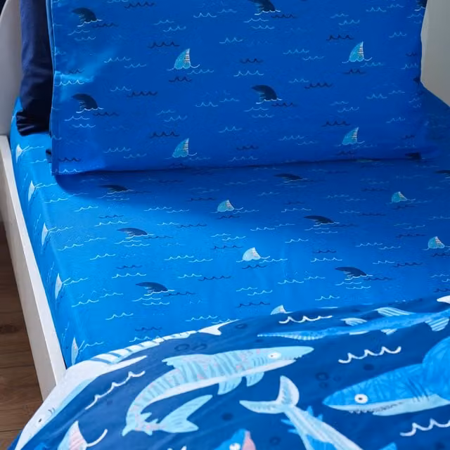 Catherine Lansfield Jawsome Shark Easy Care Fitted Bed Sheet, Navy Blue