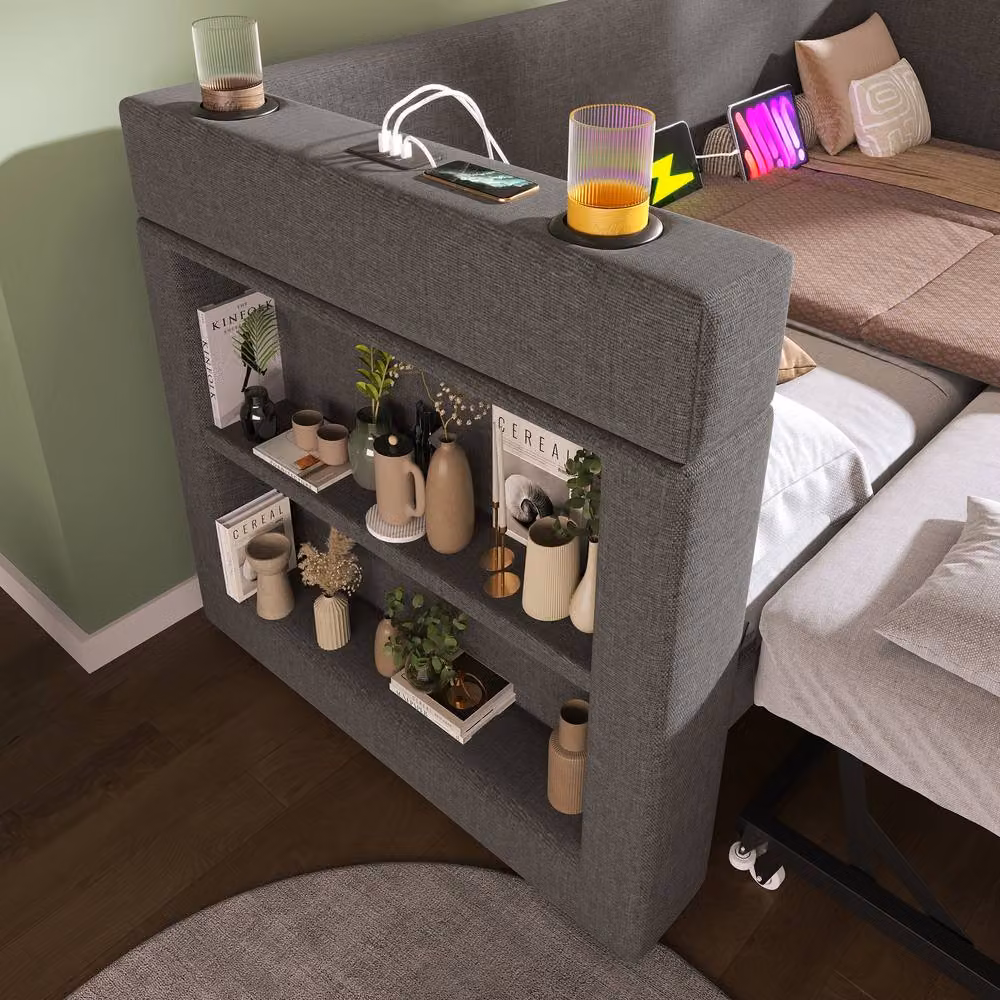Merax Upholstered Single Trundle Daybed in Grey with USB Charging Port and Side Compartments W/D/H: 90 x 190 cm – 7