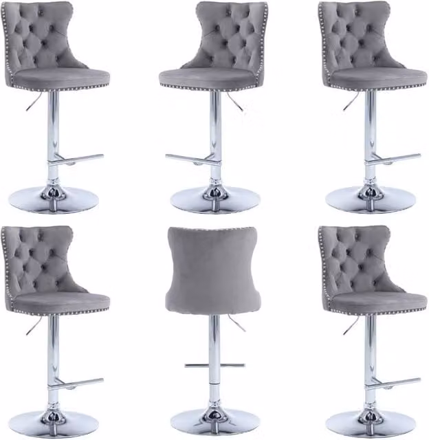 Modern Home Touch Set of 6 Luxury Velvet Adjustable Swivel Bar Stools with Metal Base in Grey