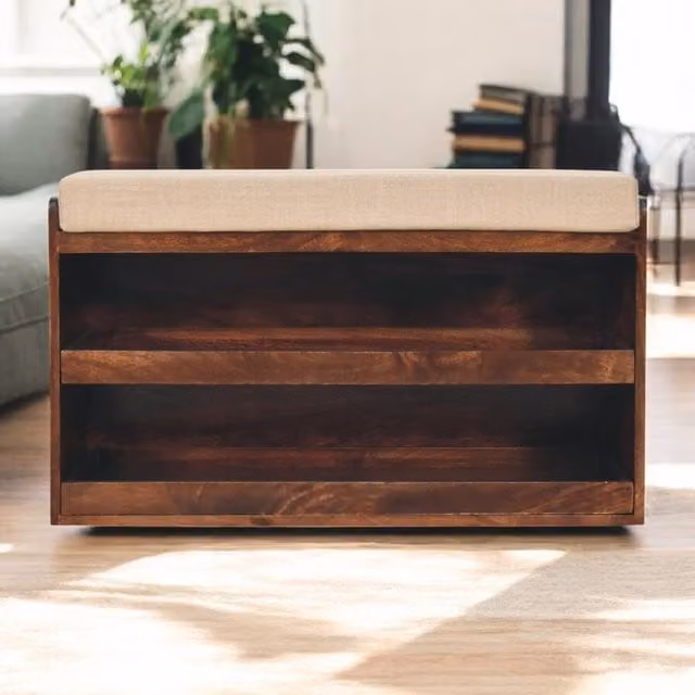 Artisan Furniture California Walnut and Mango Wood Pull Out Shoe Bench in Brown with Mud Linen Fabric