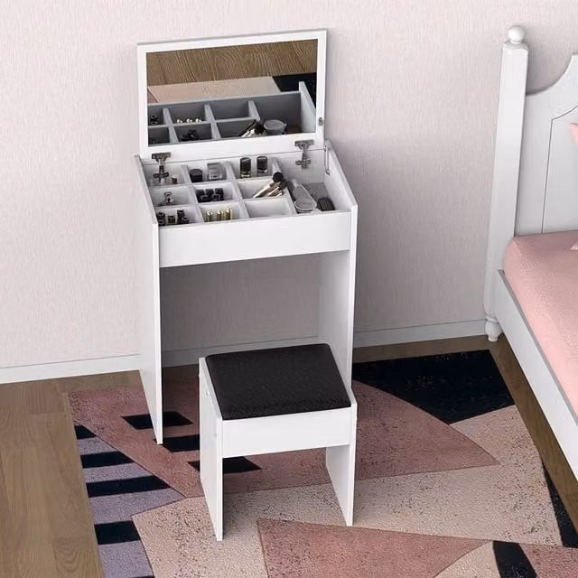 HOMCOM Modern Padded Stool and Dressing Table Set in White
