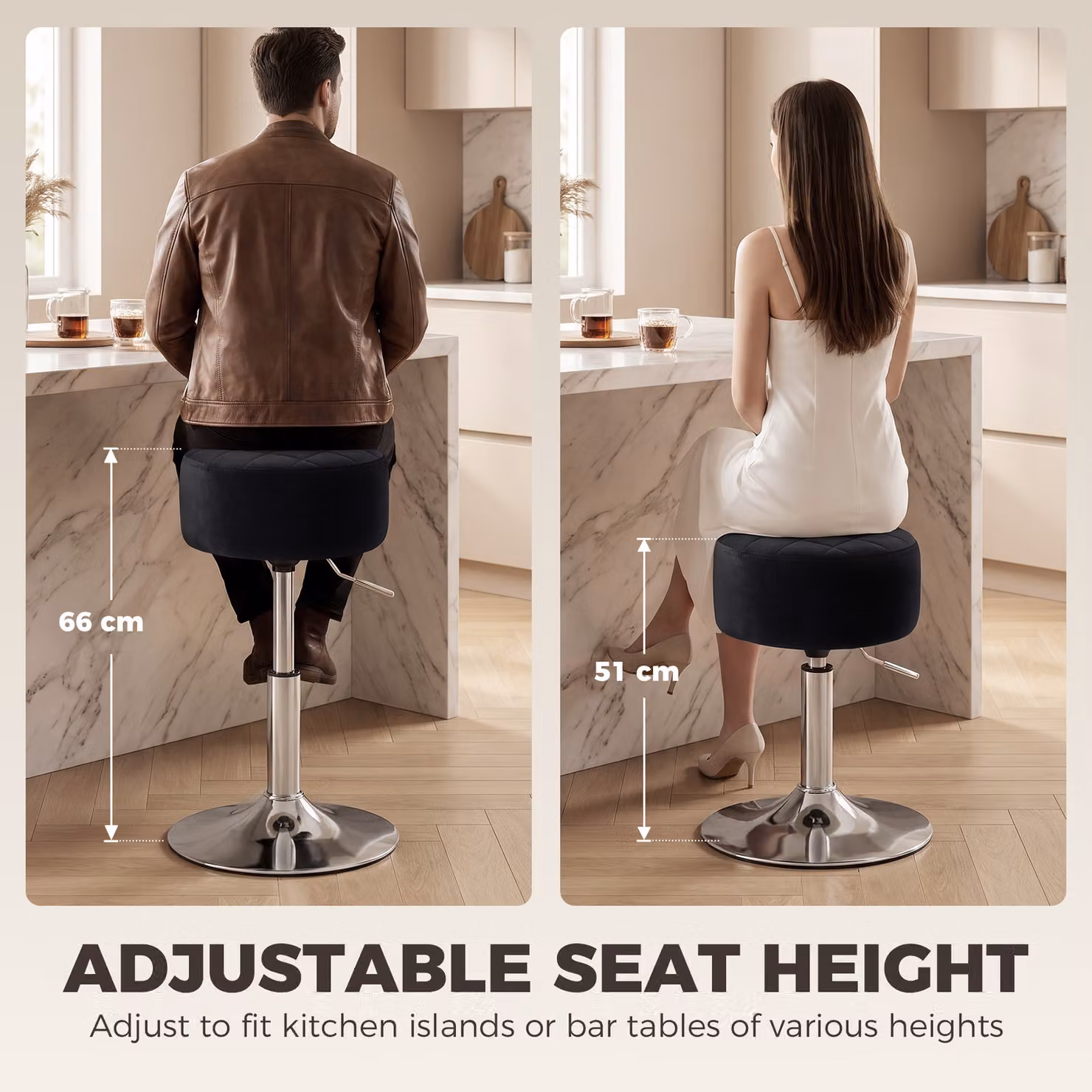 HOMCOM Adjustable Swivel Bar Stool with Black Velvet-feel Seat and Metal Base – 4