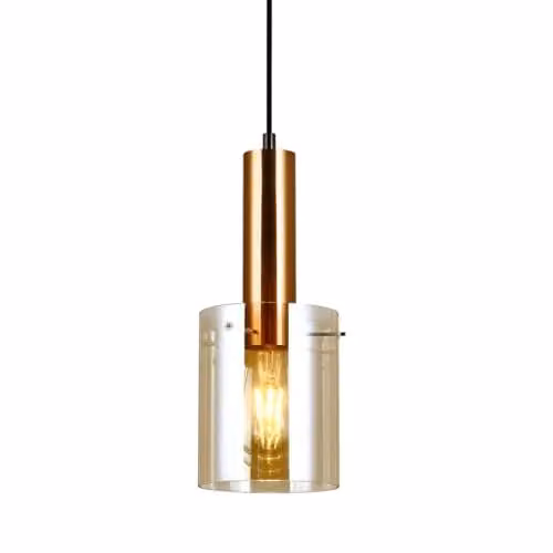 Italux Sardo Modern Hanging Pendant Light in Brass with Amber Glass Shade, E27 – 1
